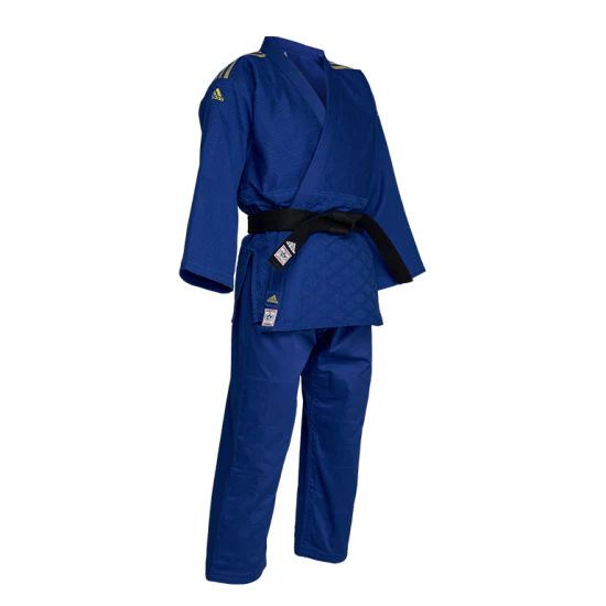 Judogi Adidas J730 IJF Champion III con strisce oro BLU